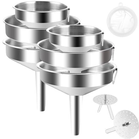 6 Stück Edelstahl Trichter Set mit 2 abnehmbaren Siebfilter zum Übertragen Flüssigkeit, Speiseölen, Marmelade, Edelstahl Trichter 14/12/10cm, Reinigungsbürste, 1 Kunststofffilter