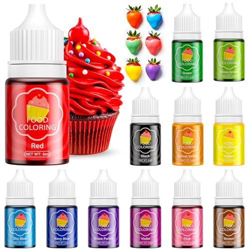 Waysroma Compound coloring 12 Colors, Food Colouring Food Grade Liquid Vibrant Food Dye, Tasteless Liquid Colour for Cake Decorating, Baking, Easter Egg, Macarons, Icing, Fondant, Cookie - 6ml/Bottle