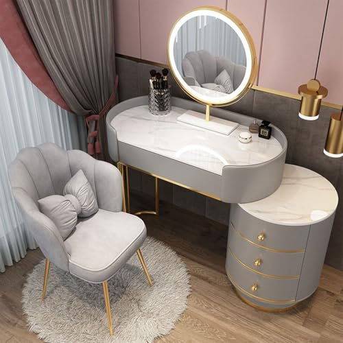 FLEPYHB Schminktisch Mit LED-Beleuchtung Spiegel, Weiß Schreibtischplatte Mit Schmink Stuhl Und Verstellbarem Seitenschrank, Set für Schlafzimmer