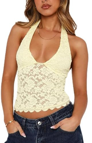 Women Y2K Lace Tank Tops Sleeveless Halter Neck Tie-Up Vests Summer Backless Slim Fit Vests Streetwear (B-Yellow, S)