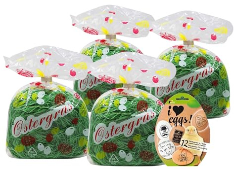 Luxtor 4er Pack Ostergras grün 4 x 30g Osterdekoration, Ostern Gras + Banderole I Love Eggs 12 Sleeves in 8 Motiven