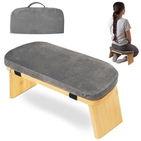 Panca da meditazione pieghevole in bambù con cuscino in velluto e borsa per il trasporto, sgabello portatile in ginocchio, comoda panca da preghiera per la consapevolezza, pratica zen