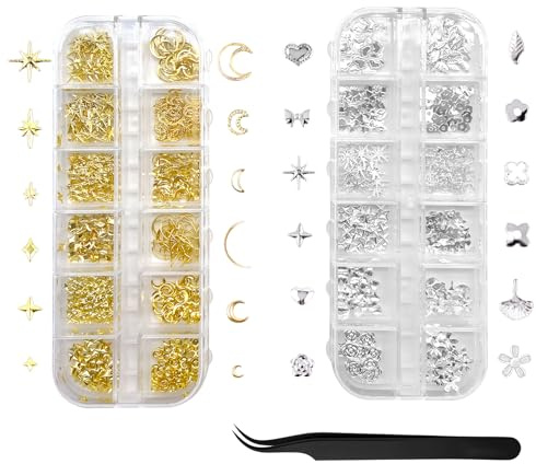 2 Boxes Metal Nail Art Decoration Accessories,Nail Charms Gold Silver | Star Bows,Blumen, Sterne, Mond, charms nägel, nail art zubehör, Nail Art and DIY for Women