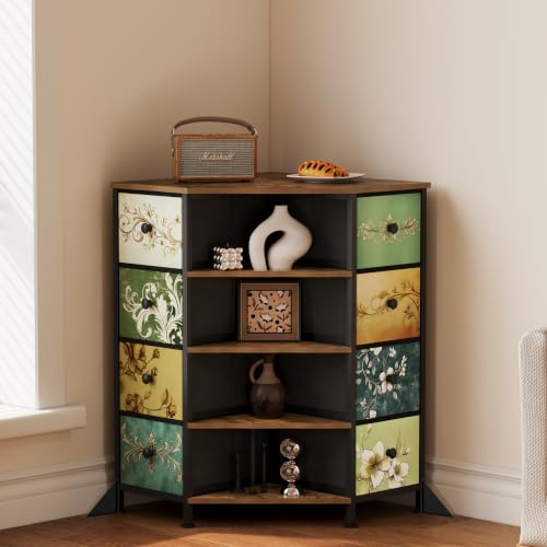 LUMTOK Eckkommode mit 8 Schubladen, Stoffschubladen und offenen Regalen für kleine Räume, Schlafzimmer, Eingangsbereich, Wohnzimmer (Retro-Muster)