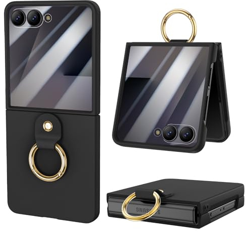 HWeggo Fodral för Samsung Galaxy Z Flip 7, fodral med externt skärmskydd och ring, ultratunt lätt PC-fodral, stötsäkert, reptåligt för Galaxy Z Flip 7(svart)