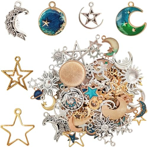 ZODKSNO 130pcs Jewelry Making Charms, Tibetan Style Charms Sun and Moon Charms Pendants for Jewelry Making and Crafting