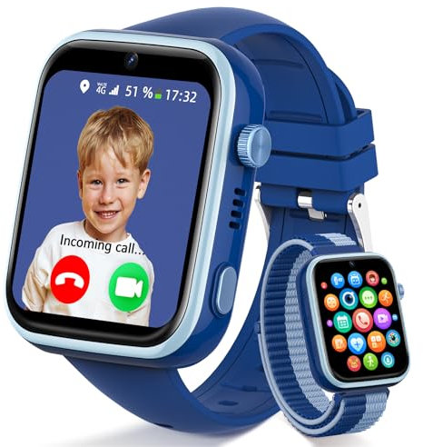 4G Reloj Inteligente Niño, IP68 Impermeable Smartwatch Niños con llamadas, Videollamadas, Chat de Voz, SMS, WhatsApp, WiFi, GPS, SOS, Modo Escuela, Podómetro Reloj Inteligente Niños y Niñas Azul