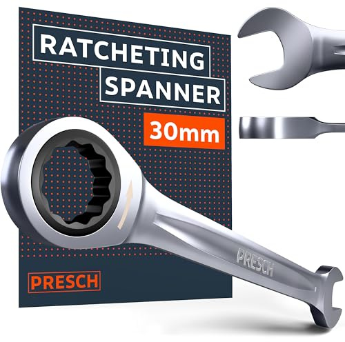 PRESCH Ratschenschlüssel 30mm - Minimaler Rückholwinkel (3°, 123 Zähne) - 15° abgewinkelt für beengte Stellen - Robuster, präzisionsgefertigter Ringratschenschlüssel