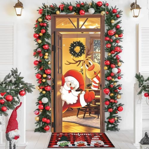 Weihnachten Tür Abdeckung Dekoration, 90cm x 200cm Weihnachtsmann Tür Decke, Weihnachtsdeko tür Hängen Banner, Weihnachtsmann Tür Abdeckung, Weihnachtsbanner für Feiertag Haus Haustür Veranda Deko