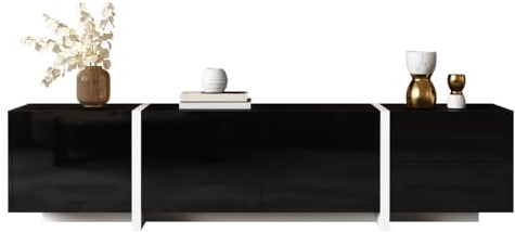 Mueble bajo para TV, color negro brillante con patas blancas en contraste y puertas elegantes. (negro + blanco + tablero de partículas)