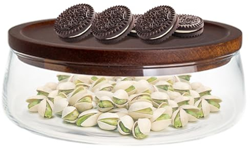 L Cuenco de Vidrio para Servir Ensaladera de Vidrio Transparente con Tapa de Madera Estilo Granja Plato Redondo de Almacenamiento de Alimentos para el hogar Cocina Fiesta Dulces Nueces Frutas