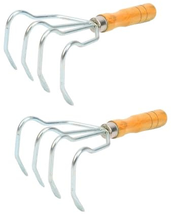 SHINEOFI 2 Râteaux à Main pour Palourdes en Acier Inoxydable Manche en Bois Râteau à Griffes Portatif à 3 et 4 Dents Outil Léger pour Ramassage de Coquillages sur Plage et Jardin
