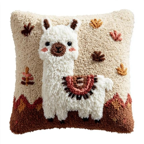AMBATTERY Kit de Coussin avec Crochet à Loquet, animal alpaga Kit Coussin au Point Noué,création de Tapis et Canvas,Tapis Point Noué,43x43cm