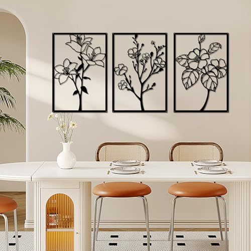 YiYa 3 Stück Schwarz Metall Wanddekoration Minimalistische Blumen Wand Skulpturen Moderne Wandkunst für Wohnzimmer Schlafzimmer Heimdekoration（Lilie）