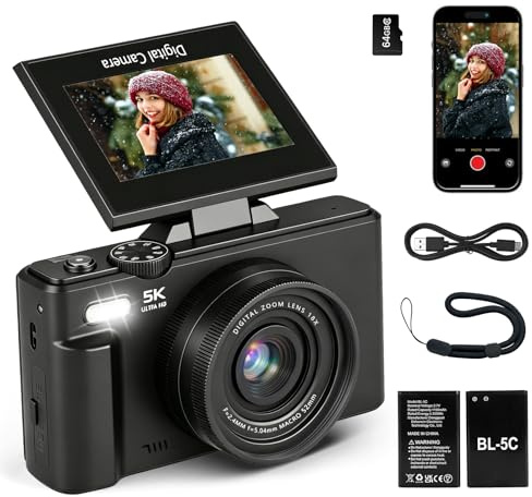 Appareil Photo Numérique 5K 75 MP, Appareil Photo pour Vlogging et Vidéos avec Wi-FI, Appareil Photo Compact avec Écran 3 Abattable 180° pour Débutants,18X, Autofocus,Carte de 64 Go, 2 Batteries