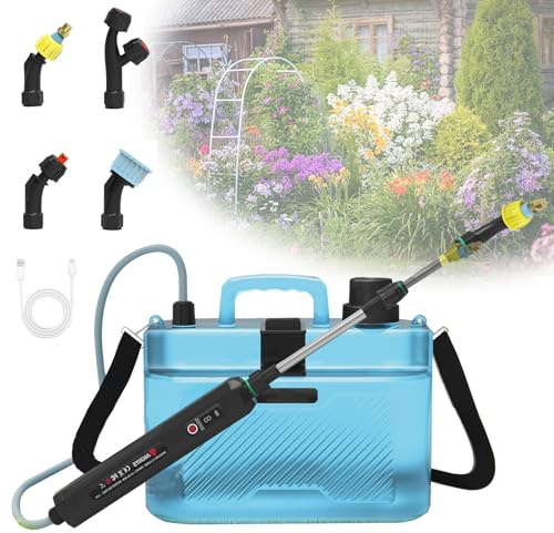 Drucksprüher, 8L Akku Drucksprühgerät Gartenspritze mit 4 Nebeldüsen& USB Ladegriff und Teleskopstab, Elektrischer Pflanzensprüher, Rückenspritze mit Verstellbare Schultergurt, Unkrautspritze