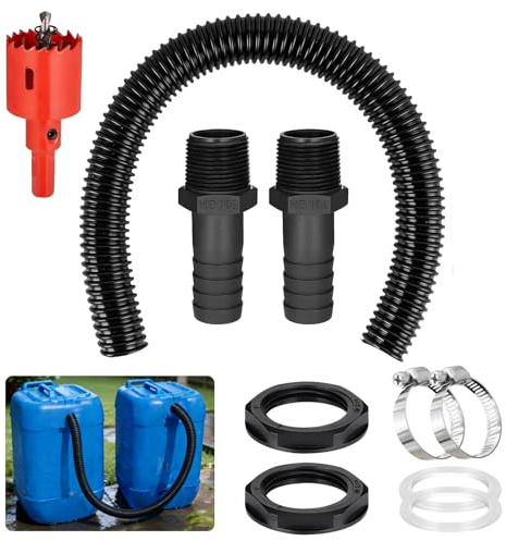 Regentonnen Verbindungsset, 100cm Verbindungsschlauch, Regentonnenverbindung, 1.57 Zoll (40mm) 2 Dichtungen, 2 Klemmen, 2 Muttern, 1 Lochsäge Verbindungsschlauch Lochöffner überlauf Regentonne