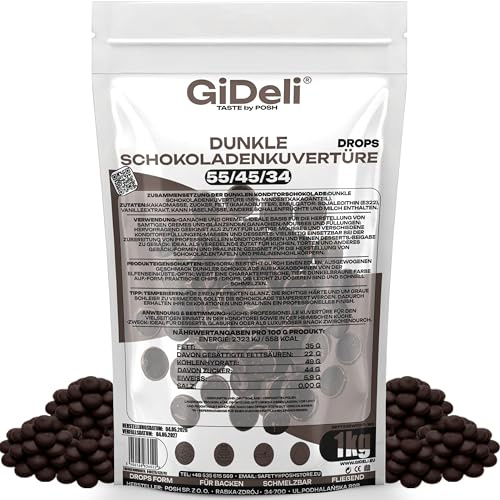 GiDeli Zartbitter Kuvertüre Schokodrops 55% Kakao 1 kg - zum Schmelzen | Für Pralinen, Ganache, Glasuren und den Schokobrunnen, verflüssigt sich ab 29 Grad, Doypack, enthält Soja