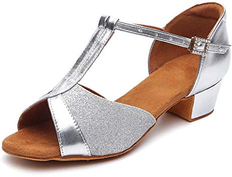 HIPPOSEUS Scarpe da Ballo Latino per Ragazze Scarpe da Ballo Salsa da Sala con Tacco Basso Lucido a Punta Aperta, Modello 605,Argento,EU 24