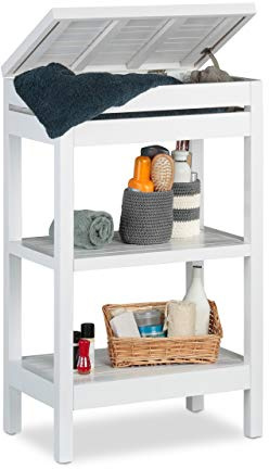 Relaxdays Badregal Bambus, Küchenregal, Standregal, mit 3 Ablagen, Fach mit Klappe, offen, HBT 76,5 x 46 x 29,5 cm, weiß