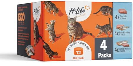 HiLife Adult Wet Cat Food Tins, Mixed Tuna Recipes in Sauce, Complete Tinned Cat Food, 100% Natural & Grain Free, Tuna Loin / with Sardine / with Mackeral, 4x (12 x 70g) / 48 cans