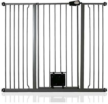 Bettacare Djurgård med Låsbar Kattlucka, 126.7 cm - 134.3 cm, Skiffergrå, 104 cm i Höjd, Extra Hög Hundskyddsbarriär med Kattlucka, Enkel Installation