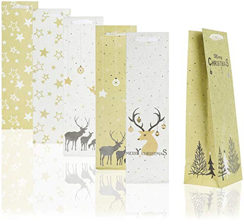 com-four® 6x Geschenktüte mit Weihnachtsmotiven, Glitzer Geschenktasche | Flaschentasche für Weihnachten und Nikolaus [Auswahl variiert]