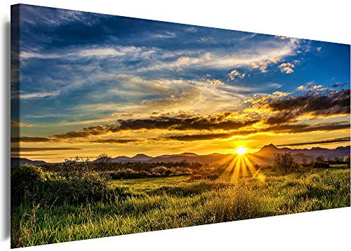 Myartstyle - Bilder Panorama 120x45cm - Leinwandbild 1 Teilig - XXL Wandbild Sonnenaufgang Berge Kunstdrucke Natur Landschaften w-1p-s222-175