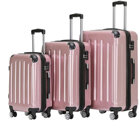 BEIBYE- 3er Kofferset Hartschalen-Koffer Reisekoffer Trolley Rollkoffer Set Reisekofferset (Rosa Gold)