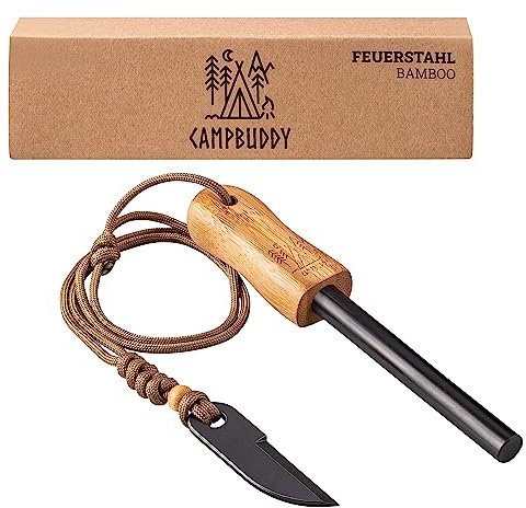Camp Buddy Bamboo Feuerstahl XXL - Robuster Magnesium Feuerstab mit über 20.000 Zündungen - Feuerstahl Outdoor Ausrüstung - Feuerstein Survival Kit mit Paracord und Messer