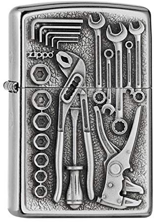 Zippo Sturmfeuerzeug - Toolbox, Street Chrome, Emblem - Nachfüllbar - Wiederverwendbar - Windfestes Design - Geschenkbox - Made in USA