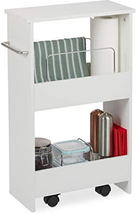 Relaxdays Nischenwagen, 2 Fächer, Nischenregal mit Rollen, 20 cm breit, schmales Regal Bad & Küche, MDF, Rollregal, weiß