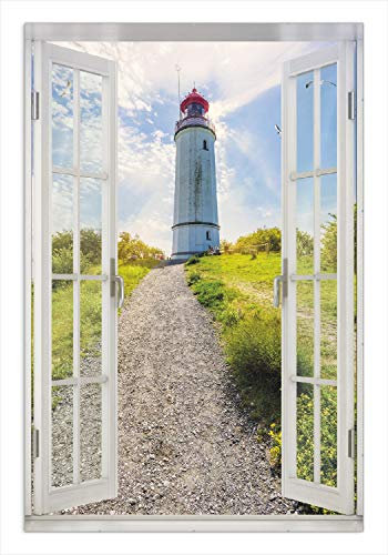 Wallario Wandbild - Leuchtturm auf Hiddensee bei Sonnenschein in Premiumqualität, Poster mit rahmenlosen Bildhalter, Größe: 61 x 91,5 cm mit Fenster-Illusion