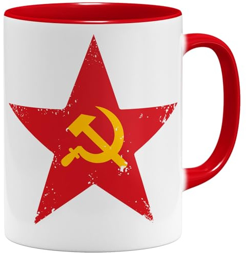 OM3® Soviet-Star Kaffee-Tasse mit Hammer und Sichel Symbol - Roter Stern - Retro Design - Keramik Becher - 325ml - Beidseitig Bedruckt - Rot