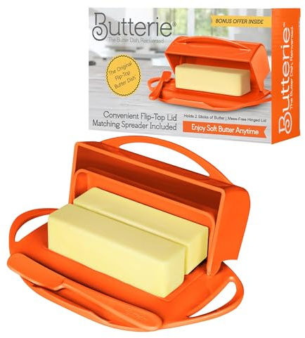 Butterie Flip Top Butter Dish with Attached Lid & Matching Knife - Holds 2 Sticks, Fits Kerrygold/European Butter - BPA Free & Dishwasher Safe - Orange