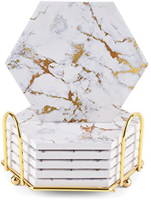 Untersetzer Gläser, Geichan Marmor GlasUntersetzer-Set 6er, Absorbierender TischUntersetzer mit Korkboden und Halter, GetränkUntersetzer für Bars, Party, Büro,Cafés, Haus, Geschencke für Mama Papa