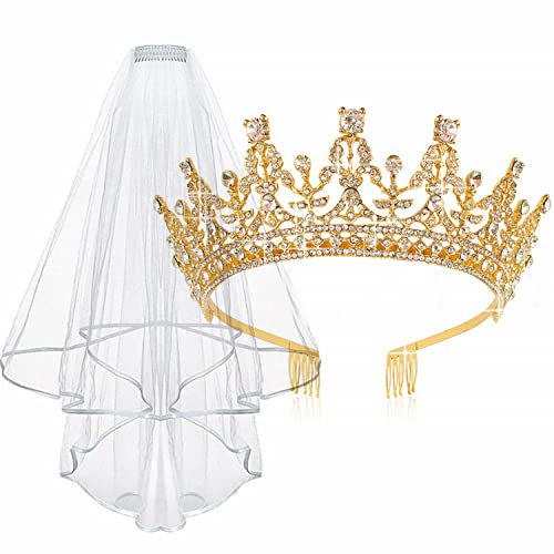 Didder Tiara und Spitze Brautschleier, Hochzeitsschleier und Kopfschmuck für Frauen, weiße Schleier für Bräute Tiaras und Krone für Frauen, Gold - Stil 1, 2 Stück set