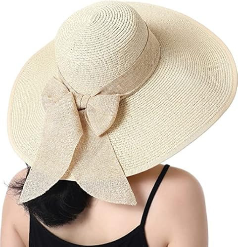 BABAHU Faltbarer Sonnenhut für Damen, breite Krempe, Strohhut, Sommer-/Strandhut, UV-Schutzfaktor 50+, 02-Style Bowknot Beige, Einheitsgröße