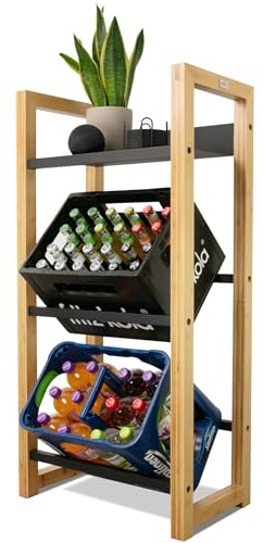 holz4home® Getränkekistenregal aus Bambus inkl. Edelstahlablage 3 Kisten I 56x32x112 cm I Massives Getränkeregal Metallstreben I Farbe: Schwarz I Kistenregal Weinregal für Keller