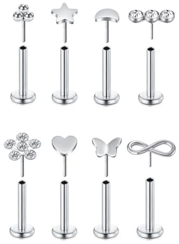 WillTen 8er Set Tragus Piercing Silber, 16G 6mm Tragus Piercing Chirurgenstahl mit Cubic Zirkonia, Ohr & Lippenpiercing Schmuck für Frauen & Mädchen