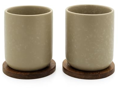 Bredemeijer Teebecher Set 2-teilig beige aus Keramik - Steingut Tassen je 200 ml & Holzuntersetzer