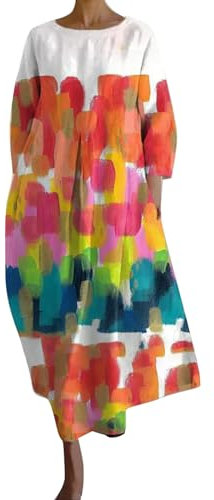 HOOUDO Women's Summer Cotton Linen Dresses Plus Size Long Sleeve Printed Long Maxi Dresses Loose Oversized Casual Tunic Shirt Dress Ladies Round Neck Beach Sundress with Pockets