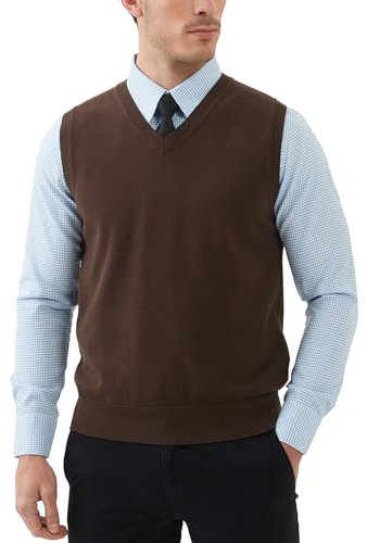 Kallspin Men's Cotton Sleeveless Jumpers V-Neck Knitted Gilets Sweater Vest Relaxed Fit Pullover (Brown, L)