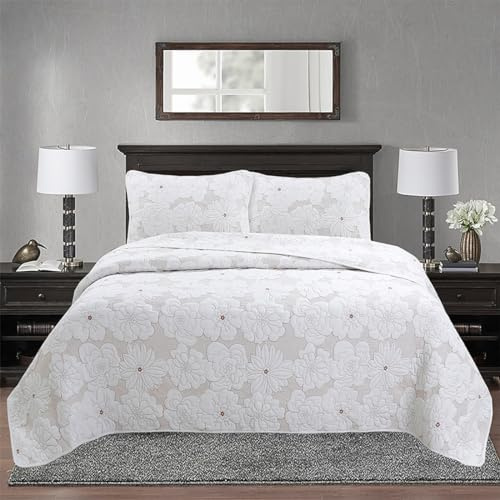 XIUWOUG Couvre-Lit Matelassé en Coton,Boutis Couvre Lit De Luxe,Dessus De Lit 2 Personnes Jeté De Lit Couverture 3 Pièces avec 2 Taies d'oreiller,Blanc,250x270cm