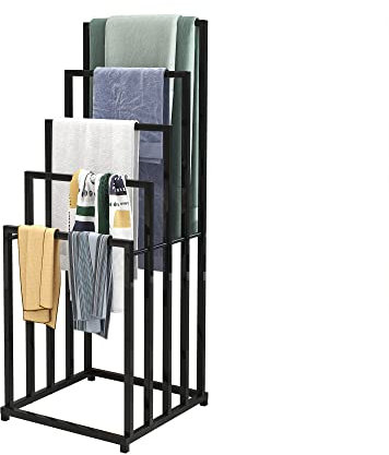 JELUTE Porte-serviettes sur pied, support et séchoir à serviettes avec porte-serviettes à 5 niveaux pour salle de bain et essuie-mains, noir