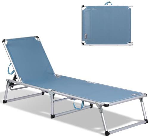 Homecall Sonnenliege Gartenliege Leicht Sonnenliege Klappbar Alu Liegestuhl Strandliege, 5 Fach Verstellbare Rückenlehne, 190 x 60 cm Sonnenschutzdach, bis 136KG (Ohne Sonnendach-Blau)