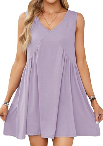 OMZIN Mujeres Babydoll Flowy Sundress Sin Mangas Color Sólido Mini Vestido Cuello En V Vestido Suelto Morado Claro XS