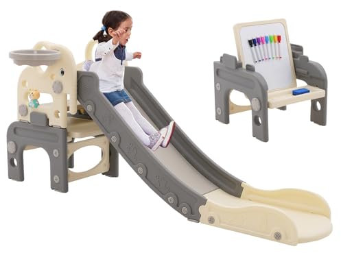 Rutsche für Kinder, 6 in 1 Multifunktional Kinderrutsche Set, 140 cm Große Kinder Rutsche, Kunststoff Elefant, Musikmaschine, Ringe, Basketballkorb