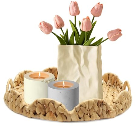 Suerhatcon 13 Water Hyacinth Tray with Handles Round Decorative Serving Tray for Dining Table, Coffee Table, Bedside Table
