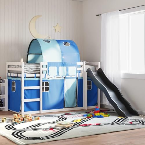 NQJIBUE Beds & Accessories Bunk Bed with Slide and Curtains Blue 90x200 cm Beds & Bed Frames